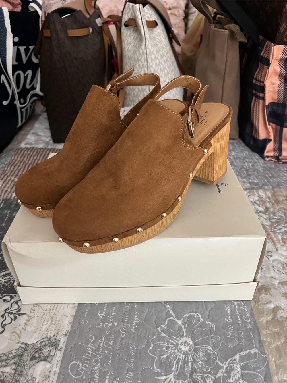 Time and Tru Tan Suede Studded Slingback Clogs